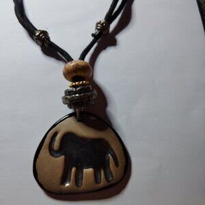 Artisan Ceramic Elephant Pendant Necklace with Adjustable Cord